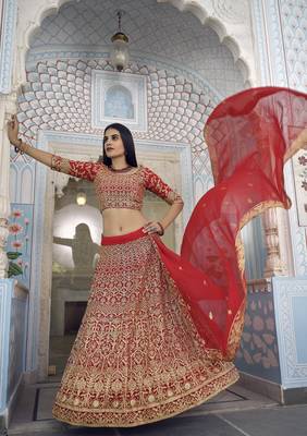 RED ZARI HEAVY EMBROIDERED GEORGETTE DESIGNER BRIDAL WEDDING & PARTY WEAR FESTIVAL SEMI STITCHED LEHENGA 1
