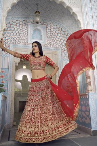 RED ZARI HEAVY EMBROIDERED GEORGETTE DESIGNER BRIDAL WEDDING & PARTY WEAR FESTIVAL SEMI STITCHED LEHENGA