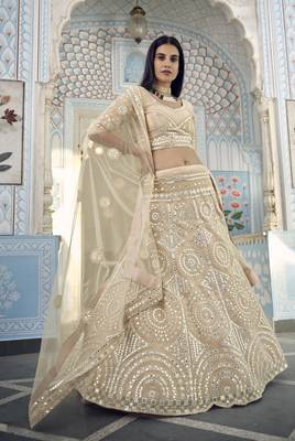 CREAM THREAD & FOIL MIRROR HEAVY EMBROIDERED ORGANZA DESIGNER BRIDAL WEDDING & PARTY WEAR FESTIVAL SEMI STITCHED LEHENGA 1