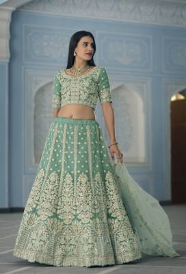 TURQUOISE ZARKAN DORI ZARI & SEQUINS EMBROIDERED ORGANZA DESIGNER WEDDING & PARTY WEAR FESTIVAL SEMI STITCHED LEHENGA 1