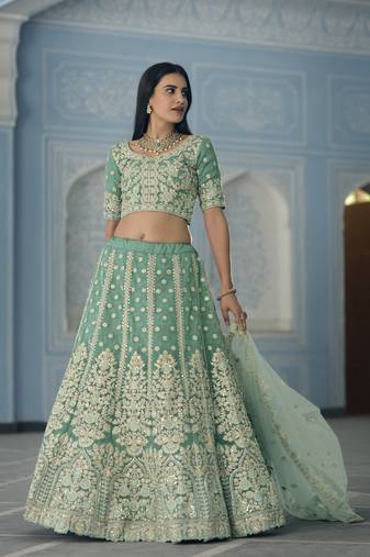 TURQUOISE ZARKAN DORI ZARI & SEQUINS EMBROIDERED ORGANZA DESIGNER WEDDING & PARTY WEAR FESTIVAL SEMI STITCHED LEHENGA