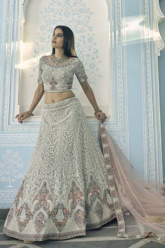 GREY ZARKAN THREAD & ZARI HEAVY EMBROIDERED GEORGETTE DESIGNER WEDDING & PARTY WEAR FESTIVAL SEMI STITCHED LEHENGA