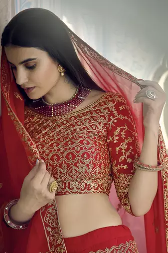 RED ZARI HEAVY EMBROIDERED GEORGETTE DESIGNER BRIDAL WEDDING & PARTY WEAR FESTIVAL SEMI STITCHED LEHENGA