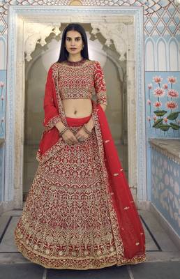 RED ZARI HEAVY EMBROIDERED GEORGETTE DESIGNER BRIDAL WEDDING & PARTY WEAR FESTIVAL SEMI STITCHED LEHENGA 3