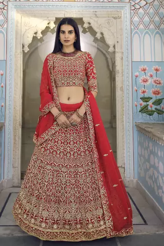 RED ZARI HEAVY EMBROIDERED GEORGETTE DESIGNER BRIDAL WEDDING & PARTY WEAR FESTIVAL SEMI STITCHED LEHENGA
