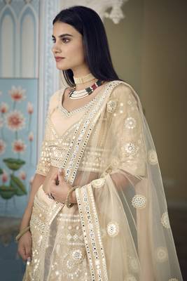 CREAM THREAD & FOIL MIRROR HEAVY EMBROIDERED ORGANZA DESIGNER BRIDAL WEDDING & PARTY WEAR FESTIVAL SEMI STITCHED LEHENGA 2