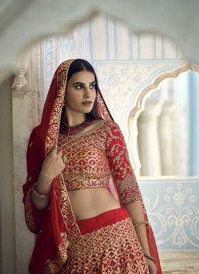 RED ZARI HEAVY EMBROIDERED GEORGETTE DESIGNER BRIDAL WEDDING & PARTY WEAR FESTIVAL SEMI STITCHED LEHENGA 4