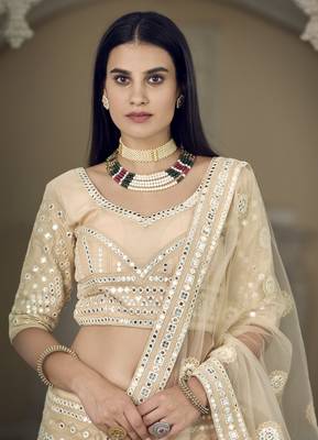 CREAM THREAD & FOIL MIRROR HEAVY EMBROIDERED ORGANZA DESIGNER BRIDAL WEDDING & PARTY WEAR FESTIVAL SEMI STITCHED LEHENGA 3