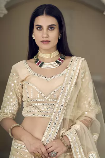 CREAM THREAD & FOIL MIRROR HEAVY EMBROIDERED ORGANZA DESIGNER BRIDAL WEDDING & PARTY WEAR FESTIVAL SEMI STITCHED LEHENGA
