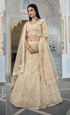 CREAM THREAD & FOIL MIRROR HEAVY EMBROIDERED ORGANZA DESIGNER BRIDAL WEDDING & PARTY WEAR FESTIVAL SEMI STITCHED LEHENGA 4