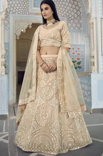 CREAM THREAD & FOIL MIRROR HEAVY EMBROIDERED ORGANZA DESIGNER BRIDAL WEDDING & PARTY WEAR FESTIVAL SEMI STITCHED LEHENGA