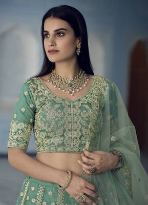 TURQUOISE ZARKAN DORI ZARI & SEQUINS EMBROIDERED ORGANZA DESIGNER WEDDING & PARTY WEAR FESTIVAL SEMI STITCHED LEHENGA 3
