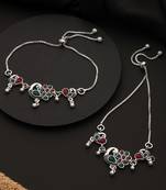 Set of 2 silver-plated artificial stones studded peacock shaped adjustable anklets