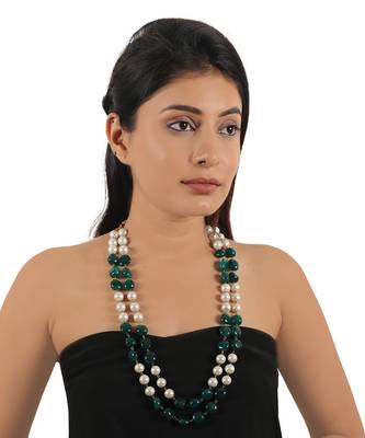 Green emerald beads with white pearl double layered maala 1