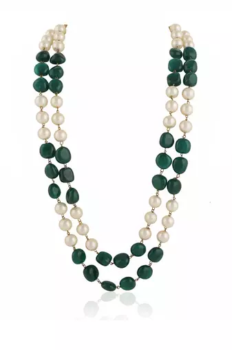 Green emerald beads with white pearl double layered maala