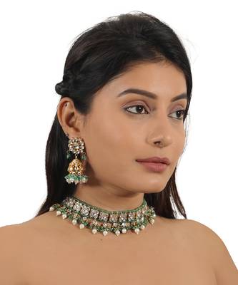 Sea green and white jadtar stone wedding wear choker set 1