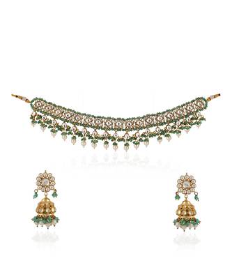 Sea green and white jadtar stone wedding wear choker set 3