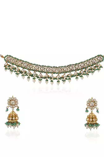 Sea green and white jadtar stone wedding wear choker set