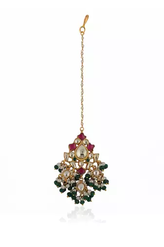 White and pink embellished maangtikka