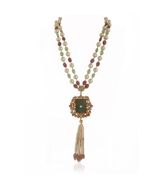 Sea green and light pink beads long necklace 2