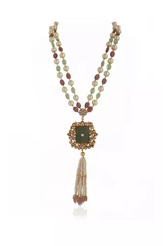 Sea green and light pink beads long necklace