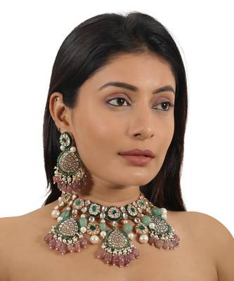 Pastel pink and green meena work necklace set 1