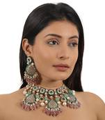 Pastel pink and green meena work necklace set