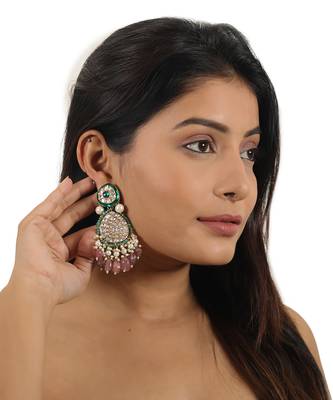 Pastel pink and green meena work necklace set 2