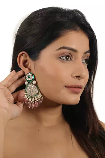 Pastel pink and green meena work necklace set