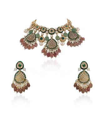 Pastel pink and green meena work necklace set 3