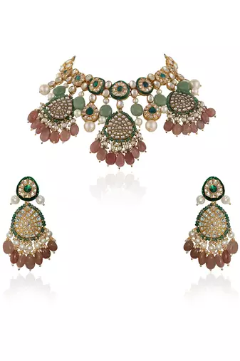 Pastel pink and green meena work necklace set