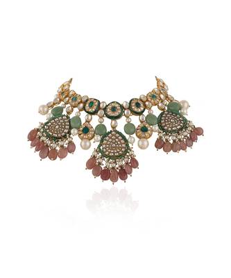 Pastel pink and green meena work necklace set 4