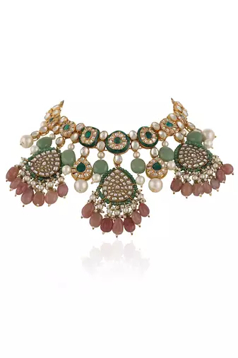 Pastel pink and green meena work necklace set