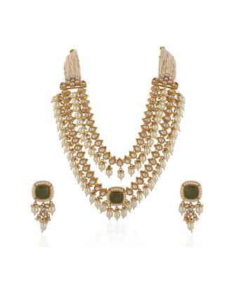 Mint green stone and white pearl necklace set 3
