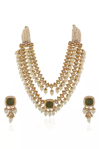 Mint green stone and white pearl necklace set