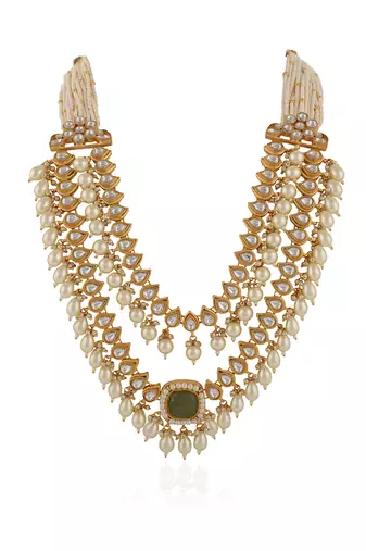 Mint green stone and white pearl necklace set