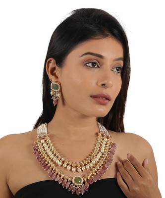 Pastel pink & white double layered necklace set 1