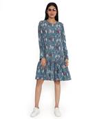 Green turkish print art crepe frill hem dress