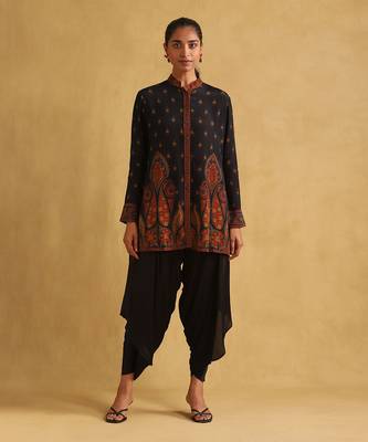 Black Satin Multi Printed Farzana Kurti with Dhoti for Events 1