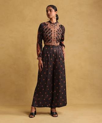 RITU KUMAR Black printed satin ensemble jacket with palazzo 1