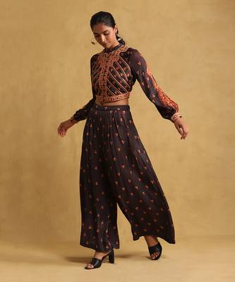 RITU KUMAR Black printed satin ensemble jacket with palazzo 2