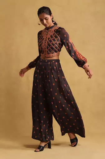 RITU KUMAR Black printed satin ensemble jacket with palazzo