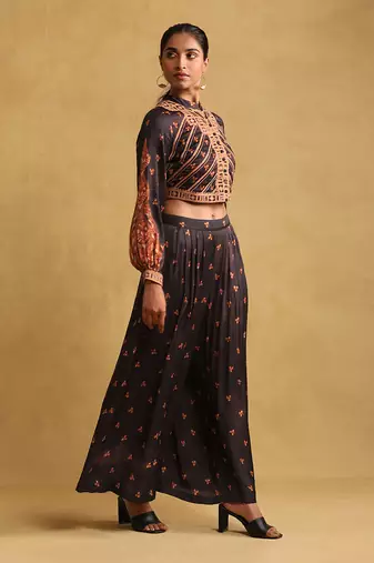 RITU KUMAR Black printed satin ensemble jacket with palazzo