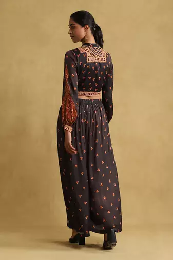 RITU KUMAR Black printed satin ensemble jacket with palazzo