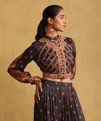 RITU KUMAR Black printed satin ensemble jacket with palazzo 5