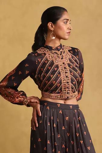 RITU KUMAR Black printed satin ensemble jacket with palazzo