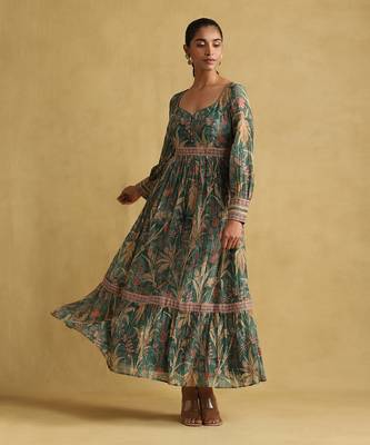 RITU KUMAR Green botanical print chanderi dress 1