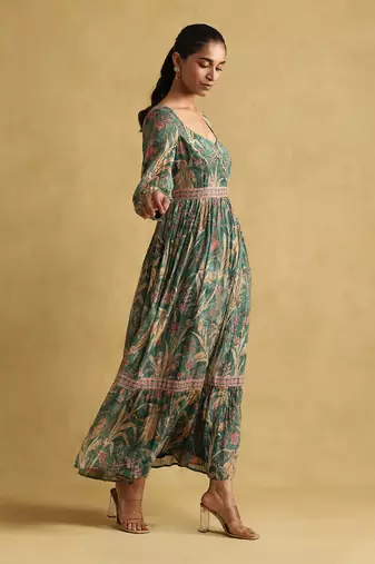 RITU KUMAR Green botanical print chanderi dress