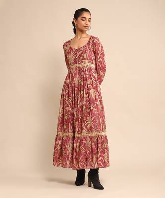RITU KUMAR Wine botanical print chanderi dress 1