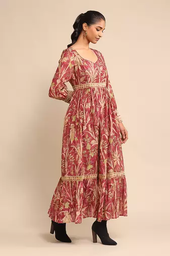 RITU KUMAR Wine botanical print chanderi dress